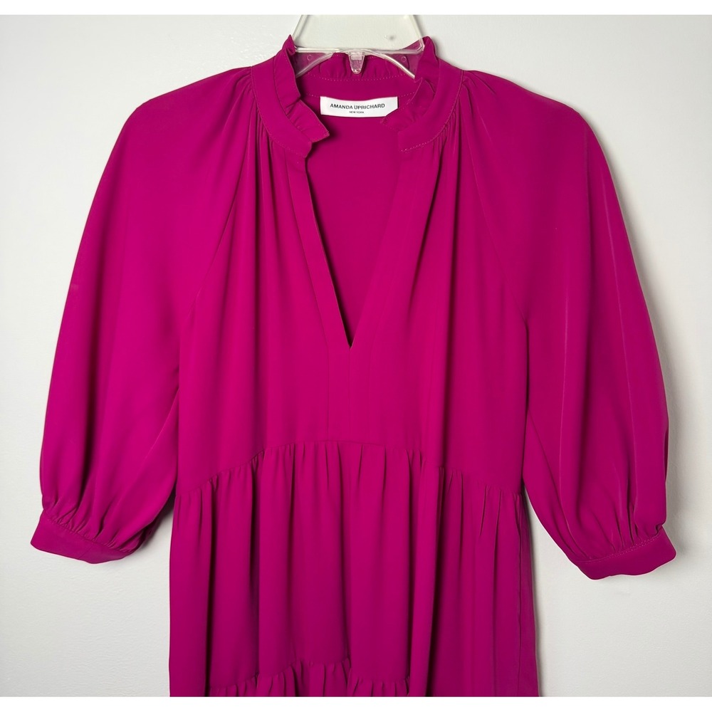 Amanda Uprichard Magenta Pink Tiered Midi‎ Dress Ruffle V-Neck XS Made in USA